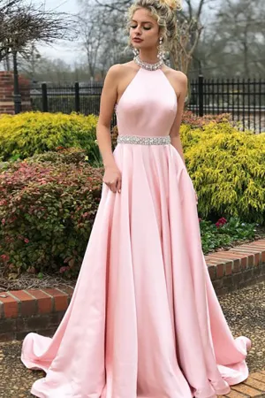 A-Line Jewel Sweep Train Pink Satin Open Back Sleeveless Prom Dress with Beading LRA153