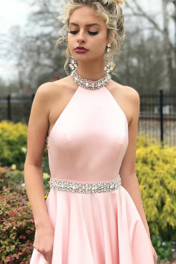 A-Line Jewel Sweep Train Pink Satin Open Back Sleeveless Prom Dress with Beading LRA153