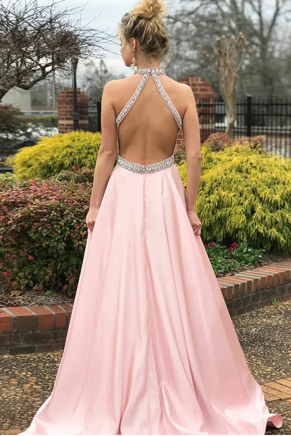 A-Line Jewel Sweep Train Pink Satin Open Back Sleeveless Prom Dress with Beading LRA153