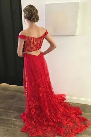 A-Line Off-the-Shoulder Sweep Train Red Lace Open Back Sleeveless Prom Dress LRA158