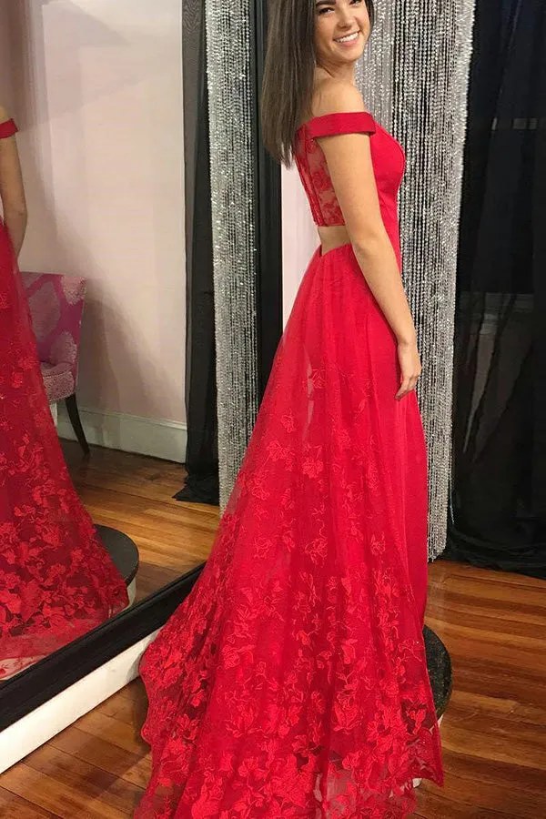 A-Line Off-the-Shoulder Sweep Train Red Lace Open Back Sleeveless Prom Dress LRA158