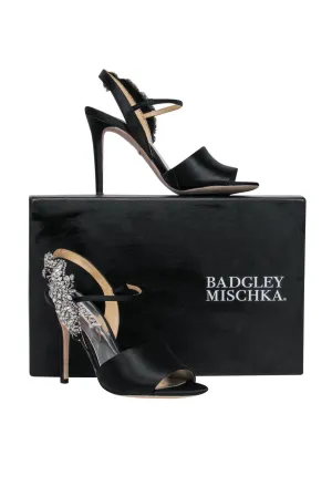 Badgley Mischka - Black Satin Jeweled Peep Toe Pumps Sz 5.5