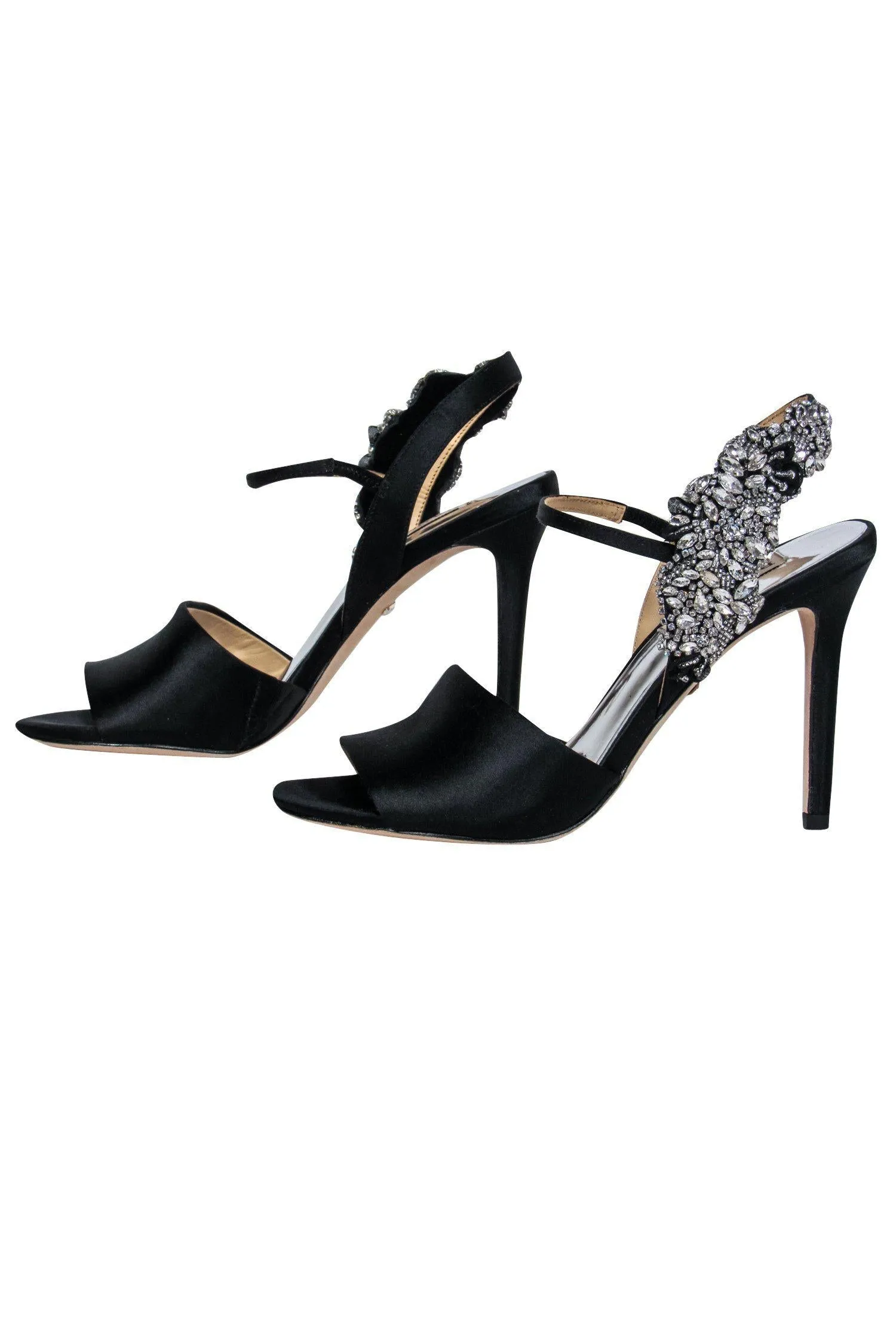 Badgley Mischka - Black Satin Jeweled Peep Toe Pumps Sz 5.5