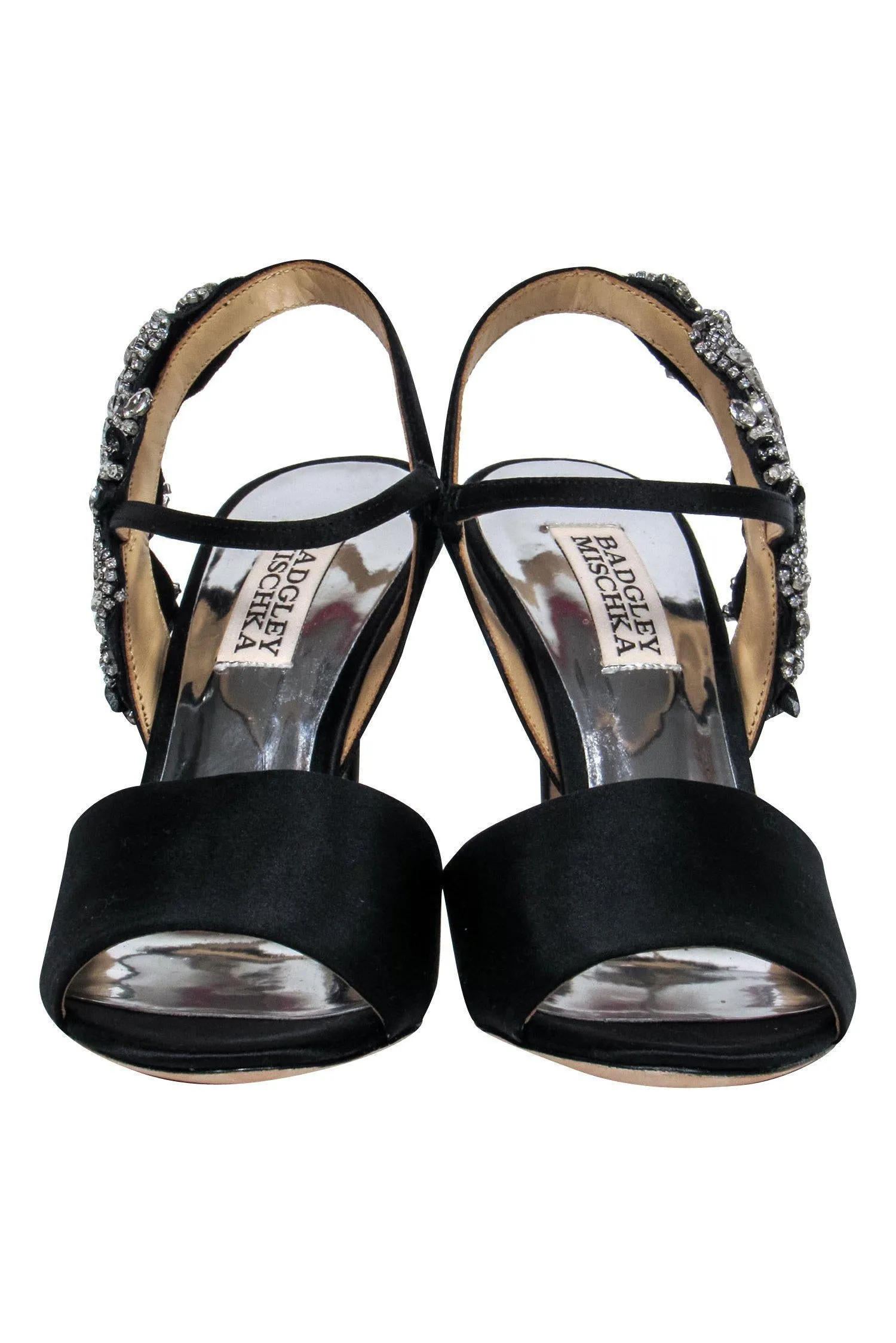 Badgley Mischka - Black Satin Jeweled Peep Toe Pumps Sz 5.5