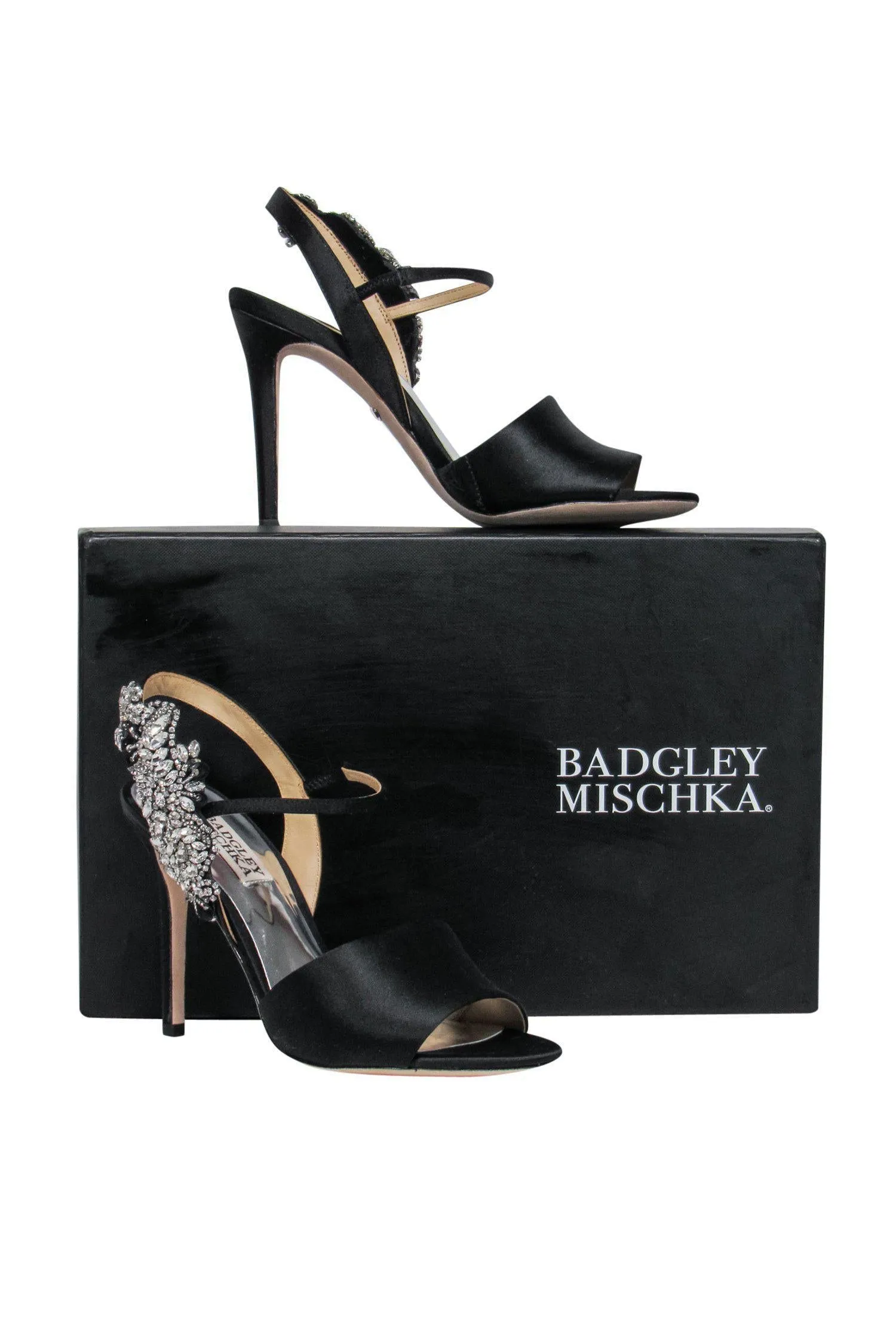 Badgley Mischka - Black Satin Jeweled Peep Toe Pumps Sz 5.5