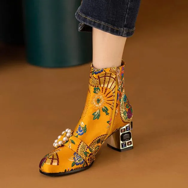 Bohemia vintage satin embroidery block heels boots decorated with pearls and rhinestone