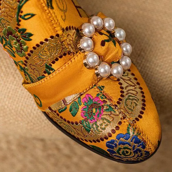 Bohemia vintage satin embroidery block heels boots decorated with pearls and rhinestone