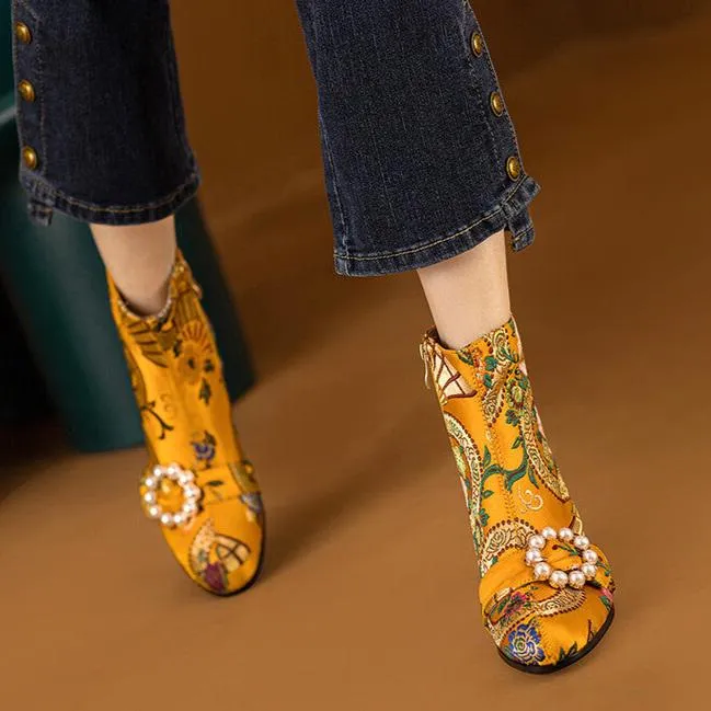 Bohemia vintage satin embroidery block heels boots decorated with pearls and rhinestone