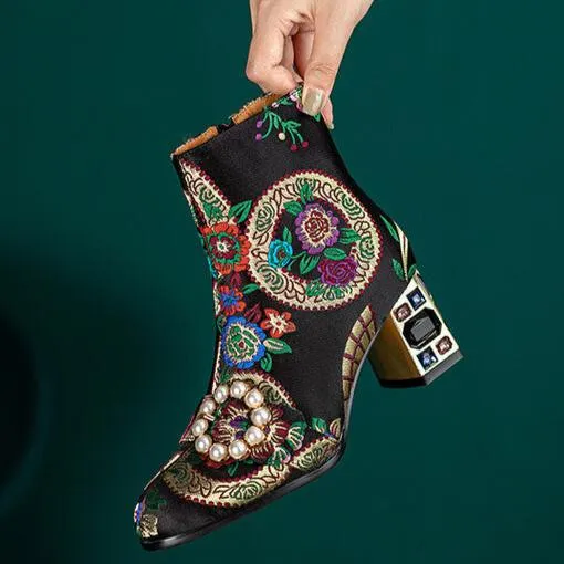 Bohemia vintage satin embroidery block heels boots decorated with pearls and rhinestone