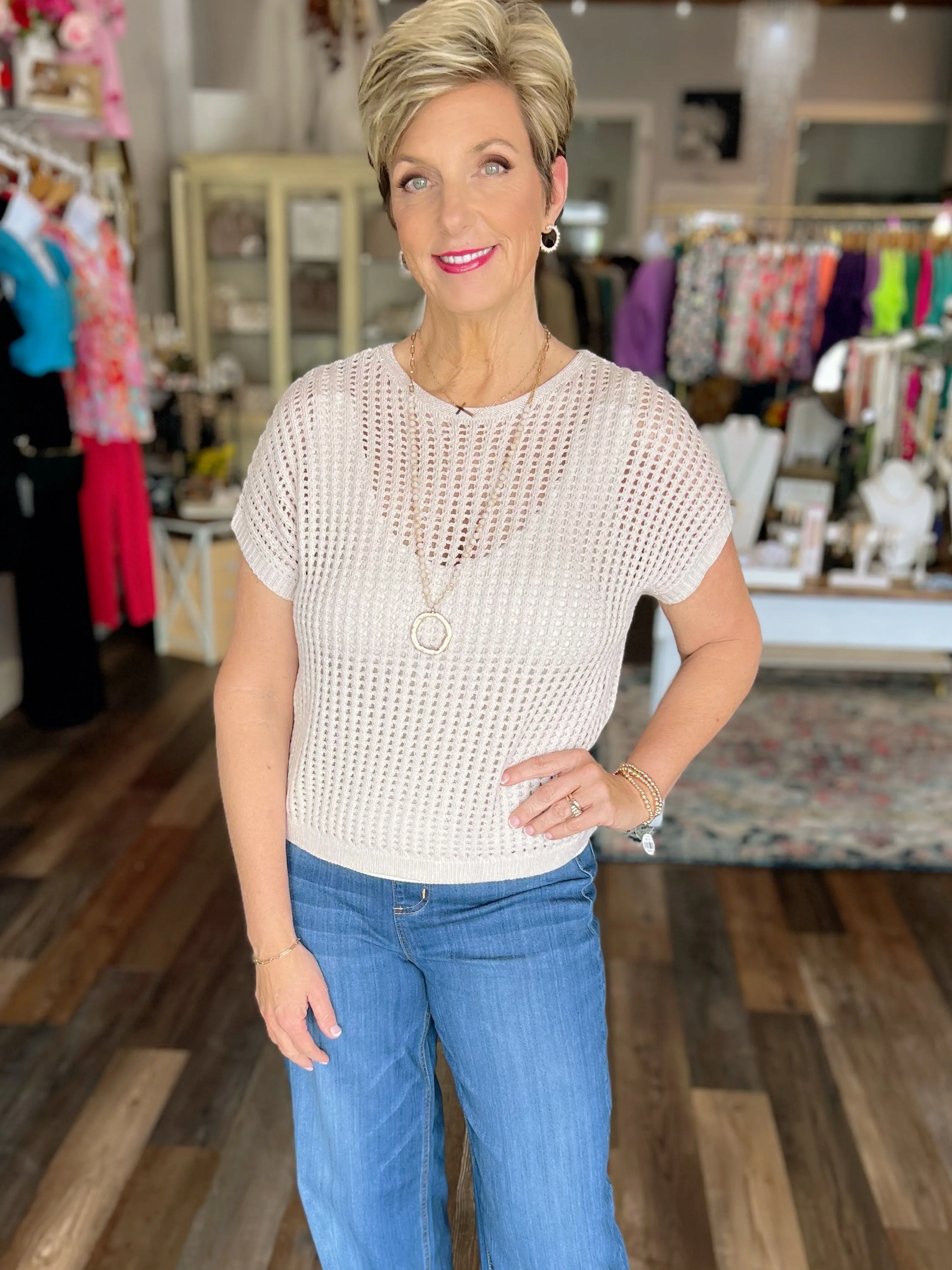 Crochet Knit Short Sleeve Sweater