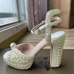 Elegant Handmade Pearl Fish Mouth Thick Heels