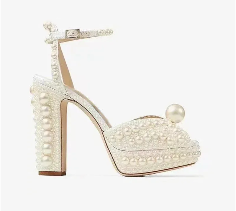 Elegant Handmade Pearl Fish Mouth Thick Heels