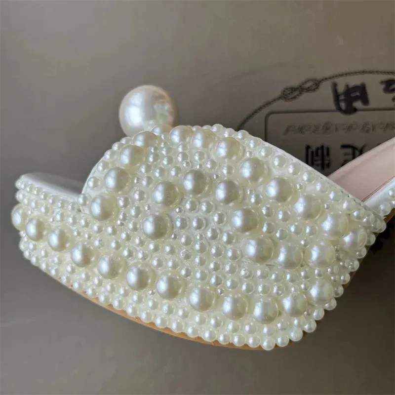 Elegant Handmade Pearl Fish Mouth Thick Heels