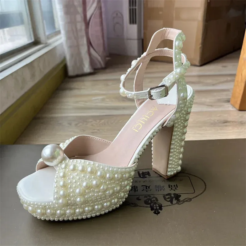 Elegant Handmade Pearl Fish Mouth Thick Heels