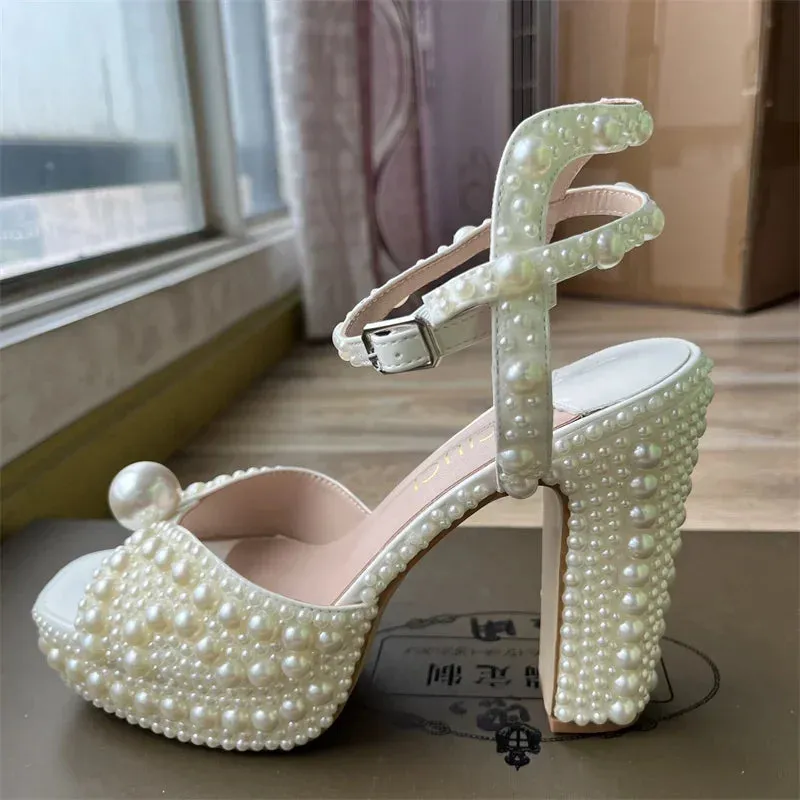 Elegant Handmade Pearl Fish Mouth Thick Heels
