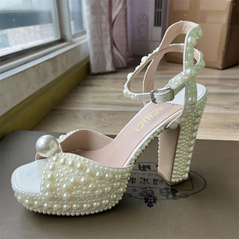 Elegant Handmade Pearl Fish Mouth Thick Heels