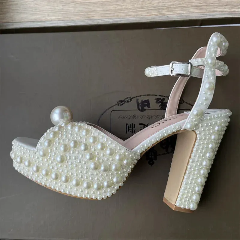 Elegant Handmade Pearl Fish Mouth Thick Heels