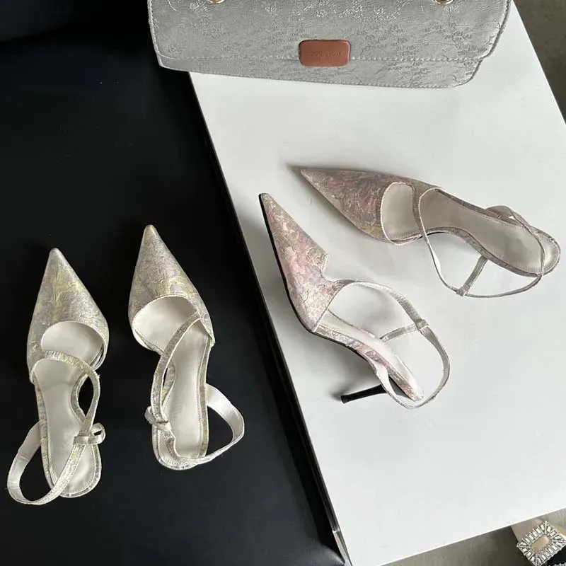 Floral Sling back Heels Pointed Toe Mules