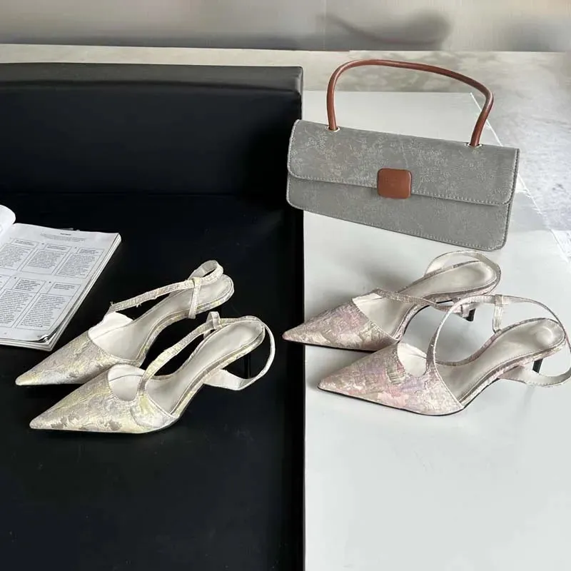 Floral Sling back Heels Pointed Toe Mules