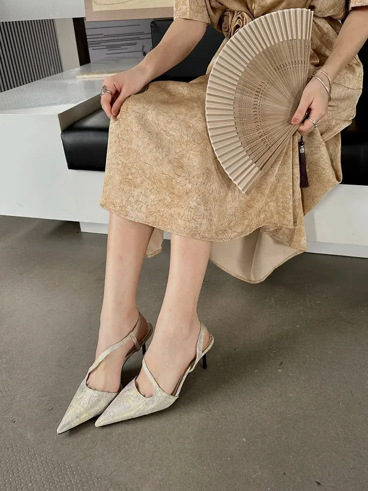 Floral Sling back Heels Pointed Toe Mules