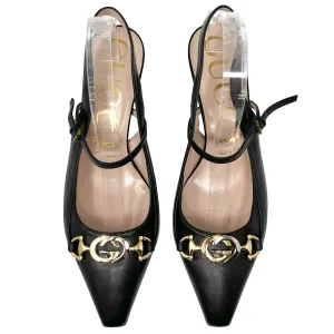 Gucci Zumi Interlocking Logo Black Leather Pointed Toe Low Heels Slingback Pumps Size EU 38
