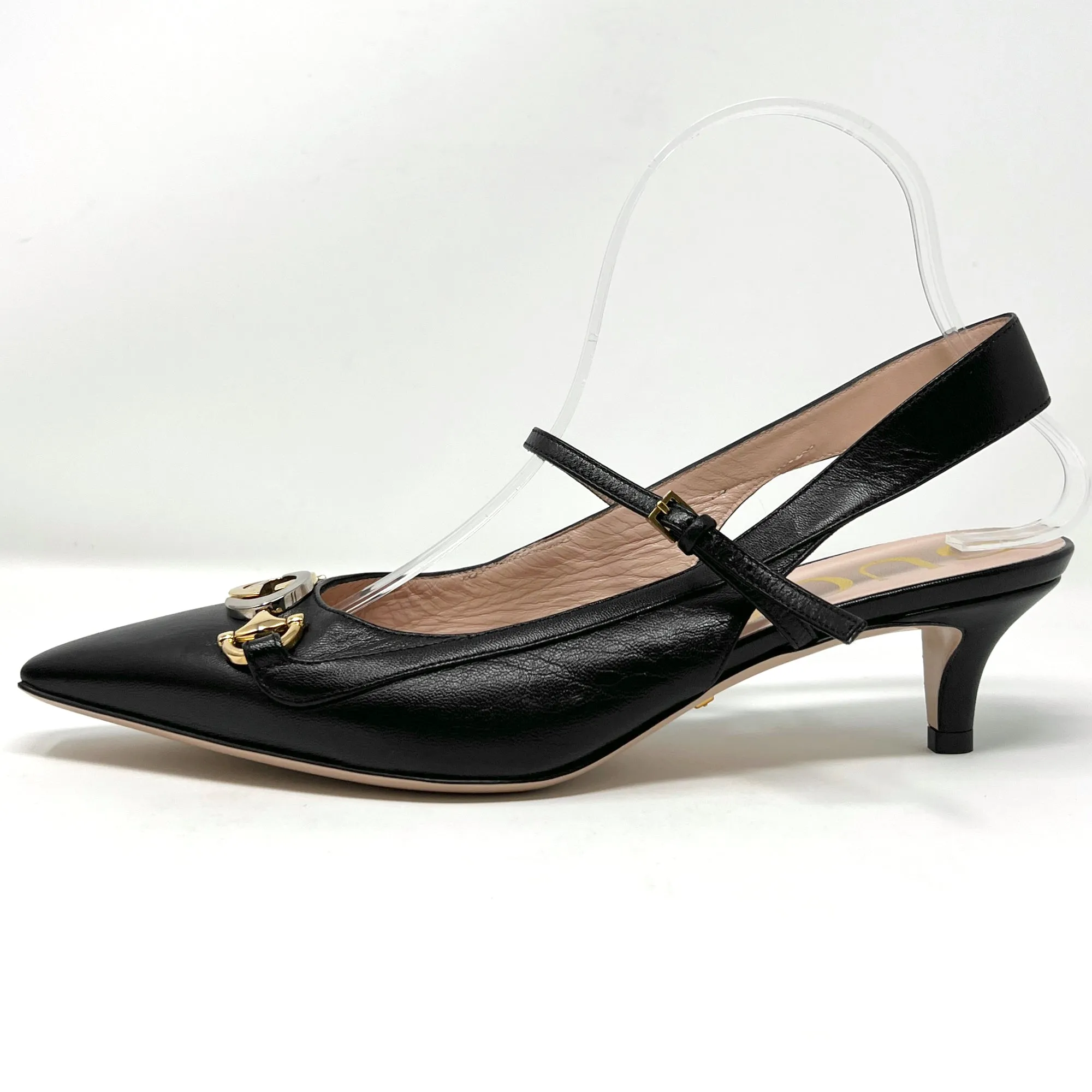 Gucci Zumi Interlocking Logo Black Leather Pointed Toe Low Heels Slingback Pumps Size EU 38
