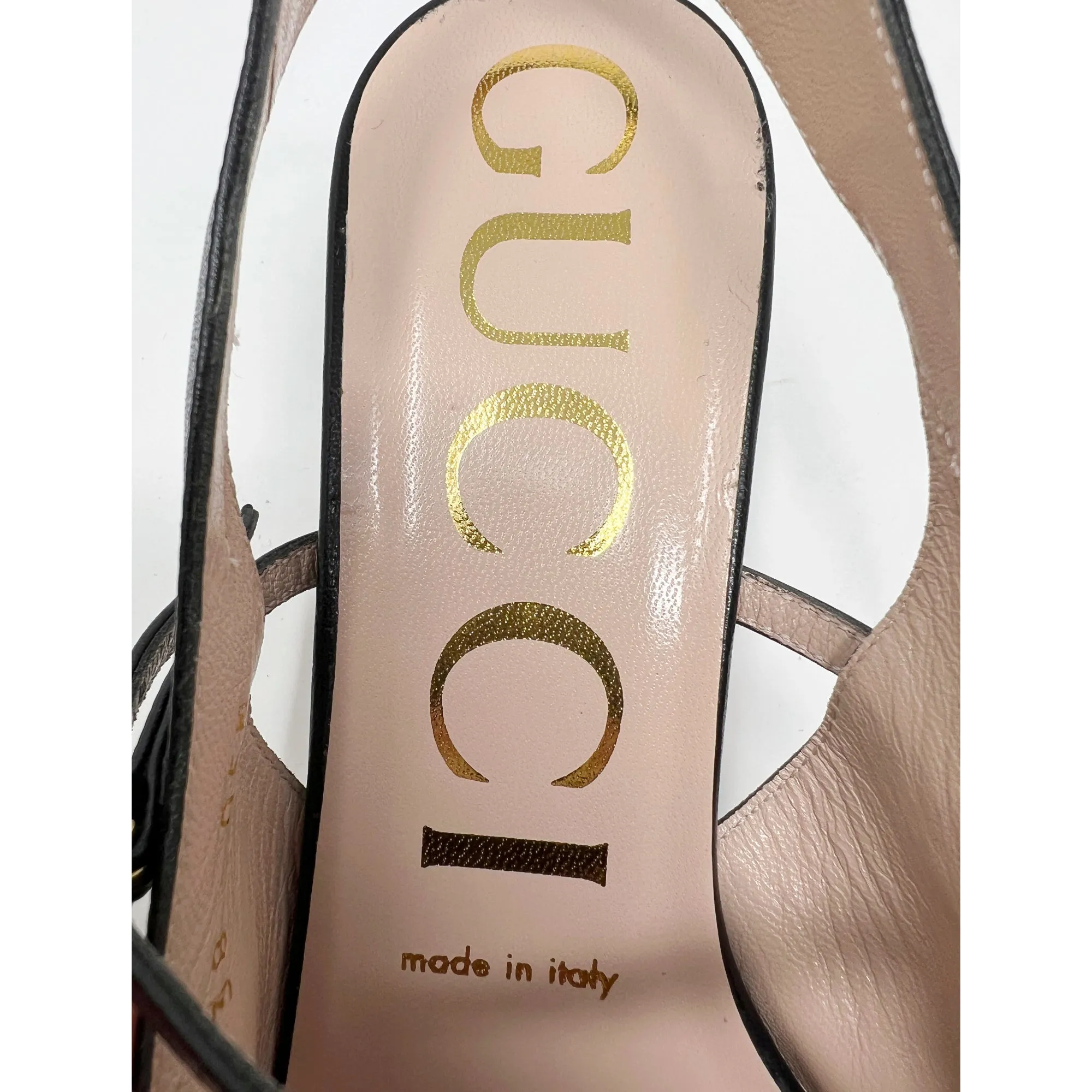 Gucci Zumi Interlocking Logo Black Leather Pointed Toe Low Heels Slingback Pumps Size EU 38
