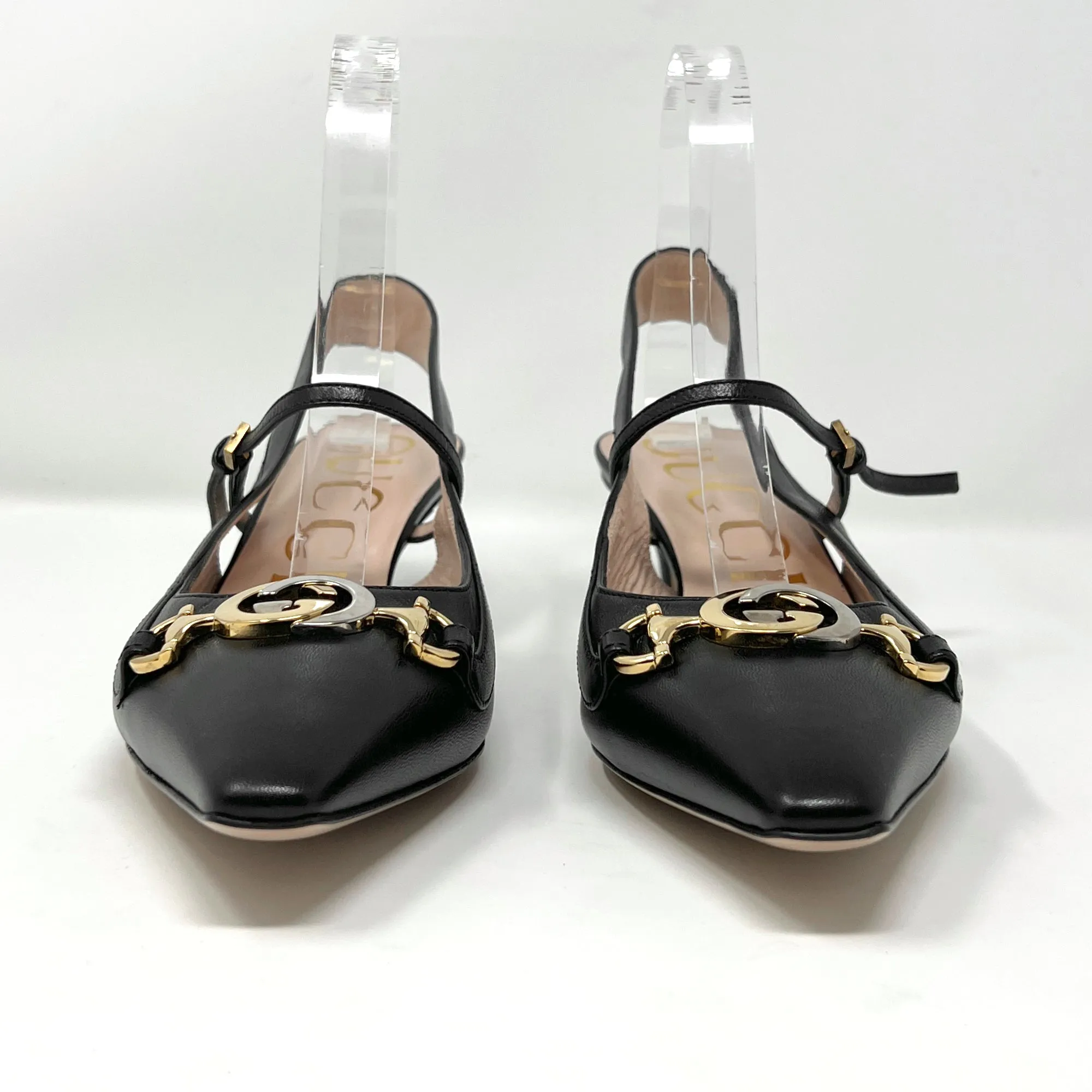 Gucci Zumi Interlocking Logo Black Leather Pointed Toe Low Heels Slingback Pumps Size EU 38