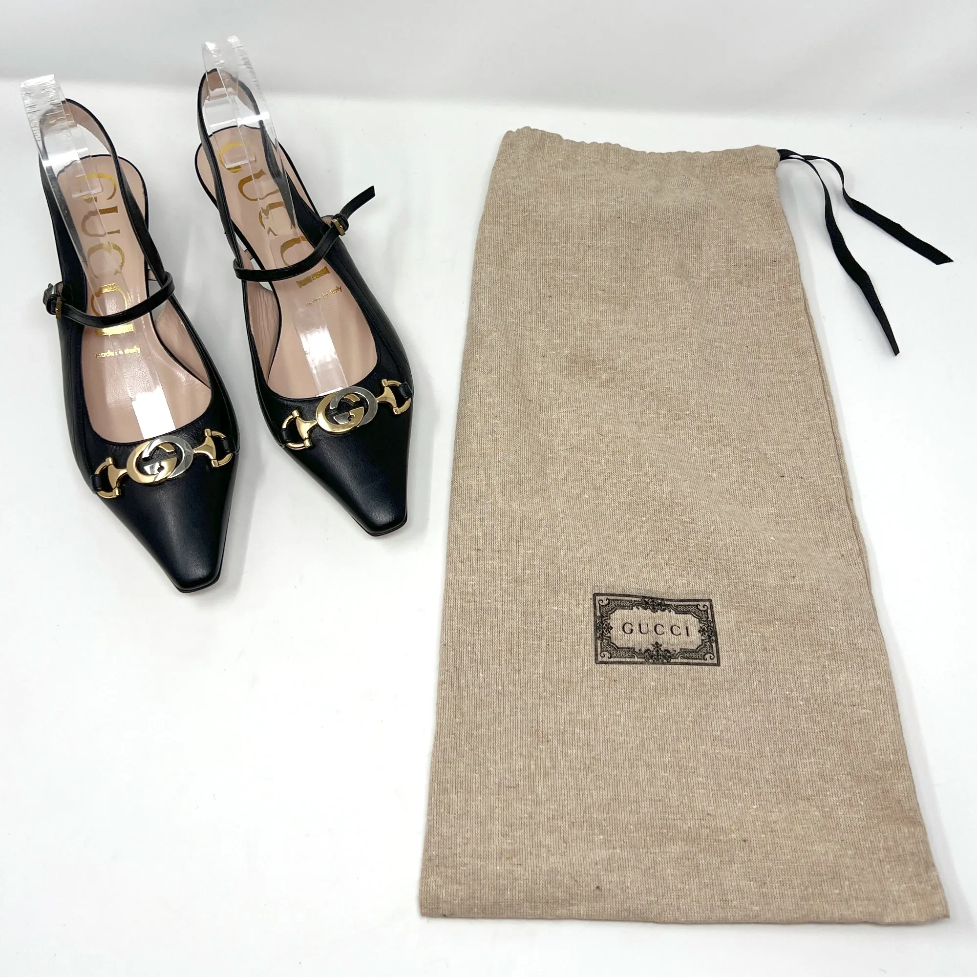 Gucci Zumi Interlocking Logo Black Leather Pointed Toe Low Heels Slingback Pumps Size EU 38