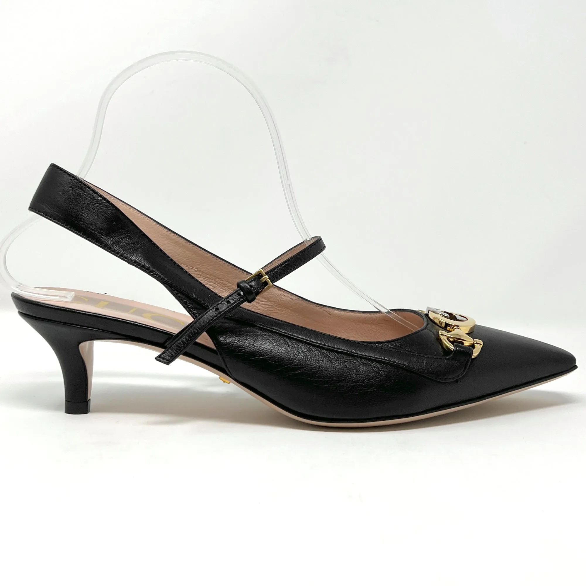 Gucci Zumi Interlocking Logo Black Leather Pointed Toe Low Heels Slingback Pumps Size EU 38