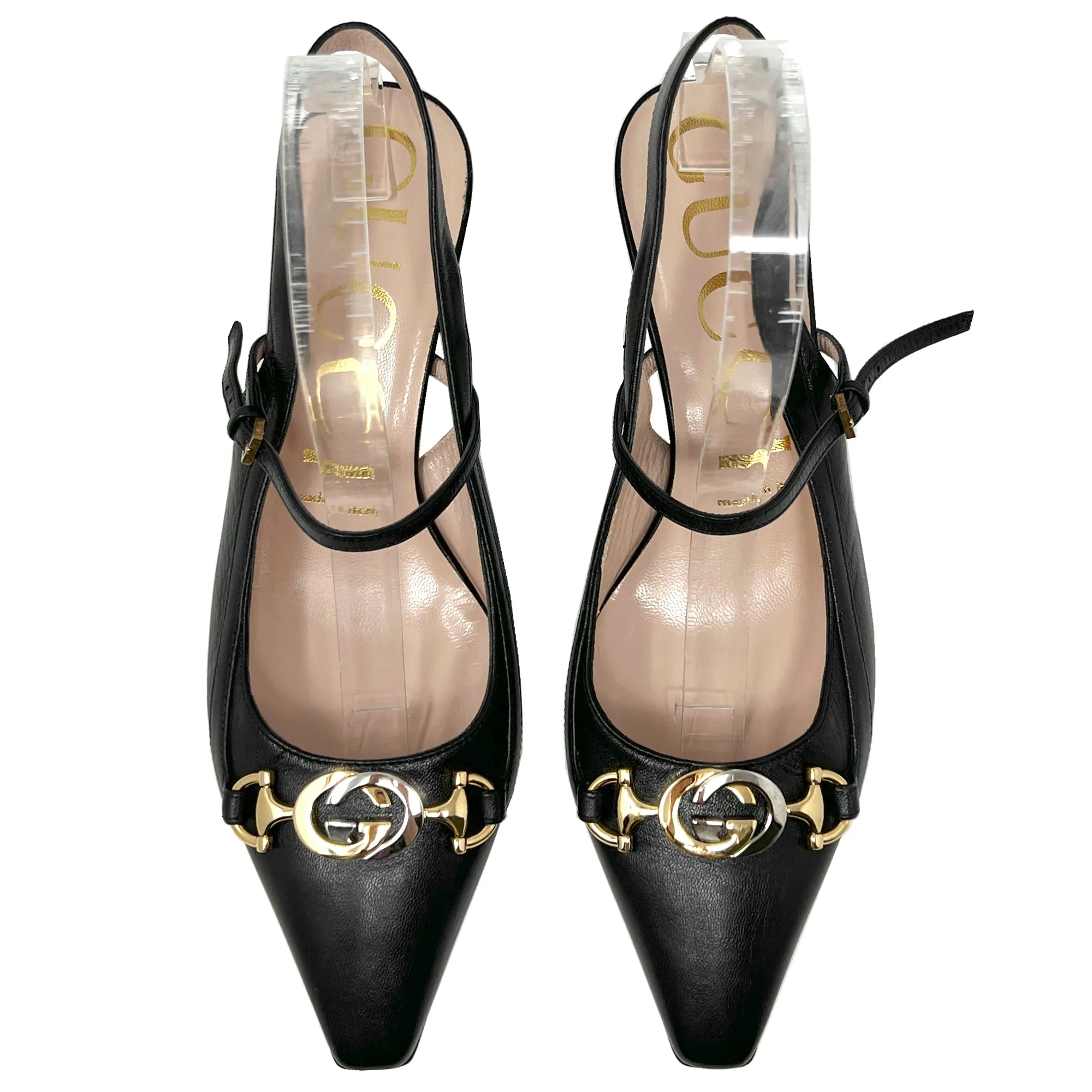 Gucci Zumi Interlocking Logo Black Leather Pointed Toe Low Heels Slingback Pumps Size EU 38