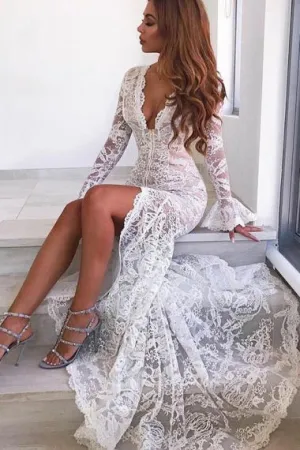 Mermaid Deep V-Neck Sweep Train Long Bell Sleeves White Split Lace Wedding Dress AHC574