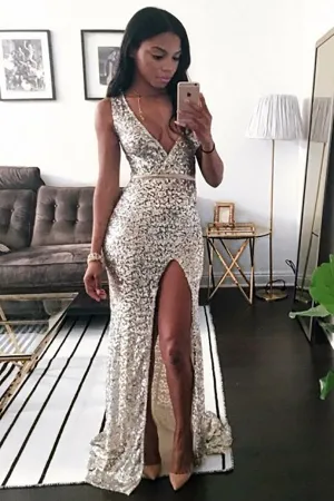 Mermaid Deep V-Neck Sweep Train Silver Sequined Sleeveless Prom Dress AHC503