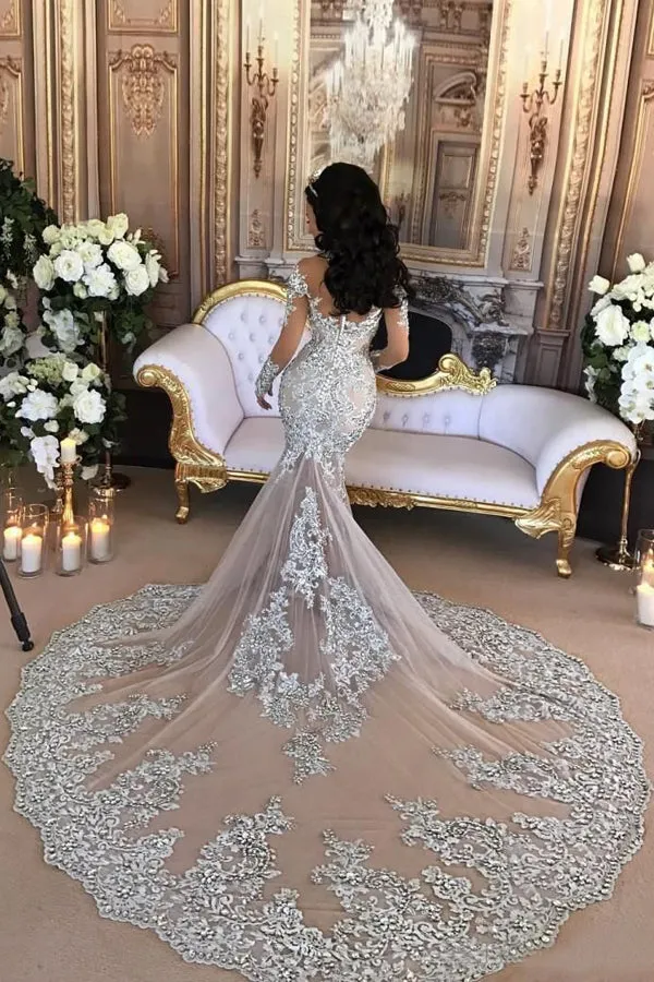 Mermaid High Neck Long Sleeves Chapel Train Silver Tulle Wedding Dress with  Appliques AHC598