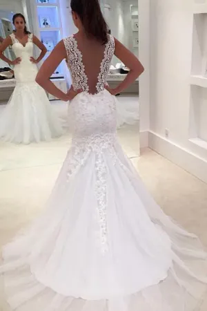 Mermaid V-Neck Court Train Backless White Chiffon Wedding Dress with Lace AHC599