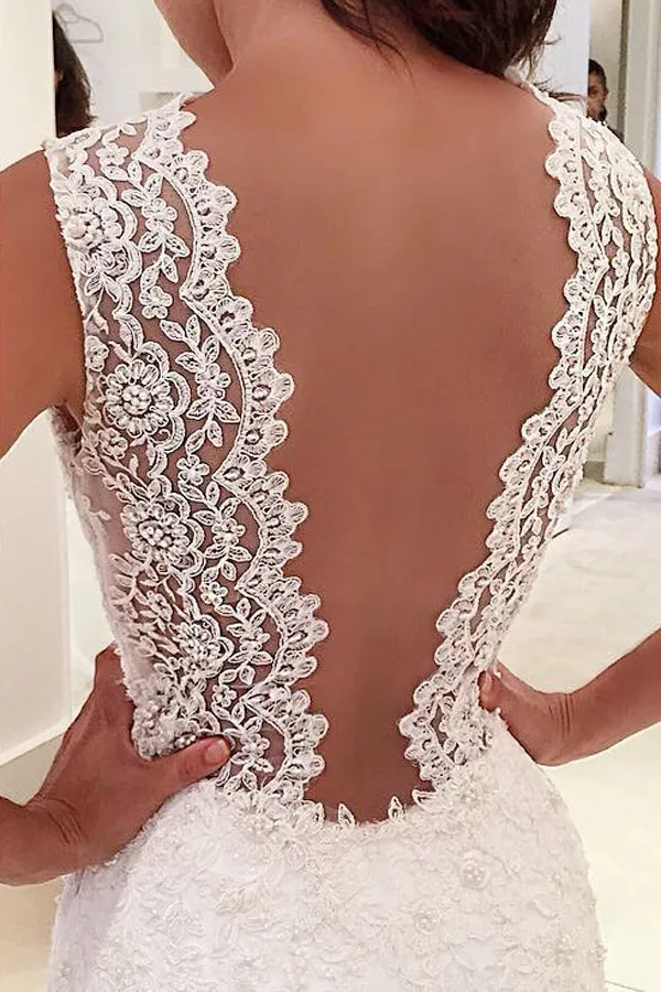 Mermaid V-Neck Court Train Backless White Chiffon Wedding Dress with Lace AHC599
