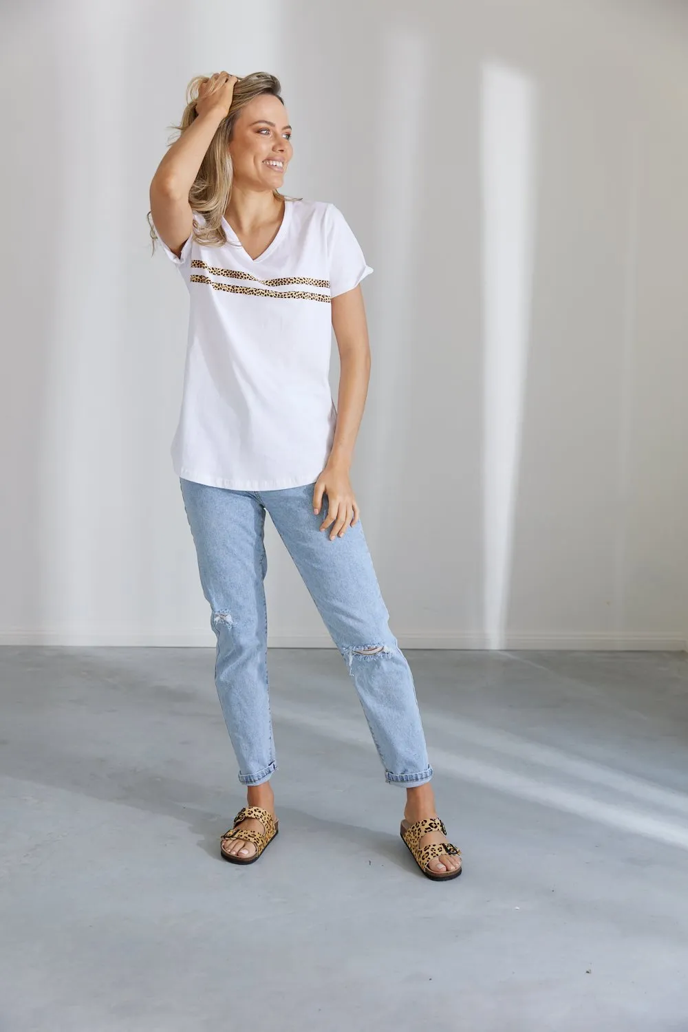 Novah V Neck Tee - White w Leopard Print Stripes