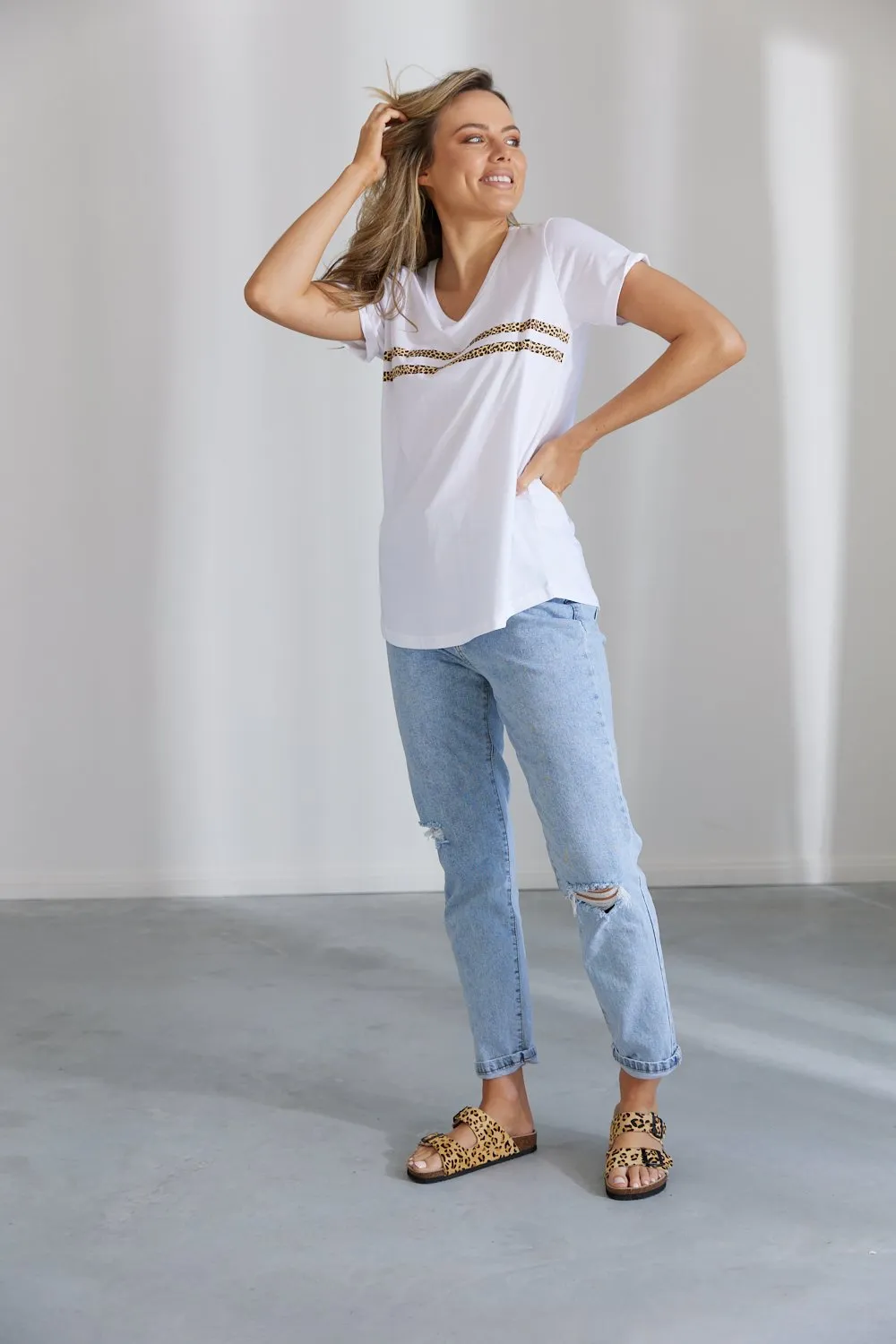 Novah V Neck Tee - White w Leopard Print Stripes