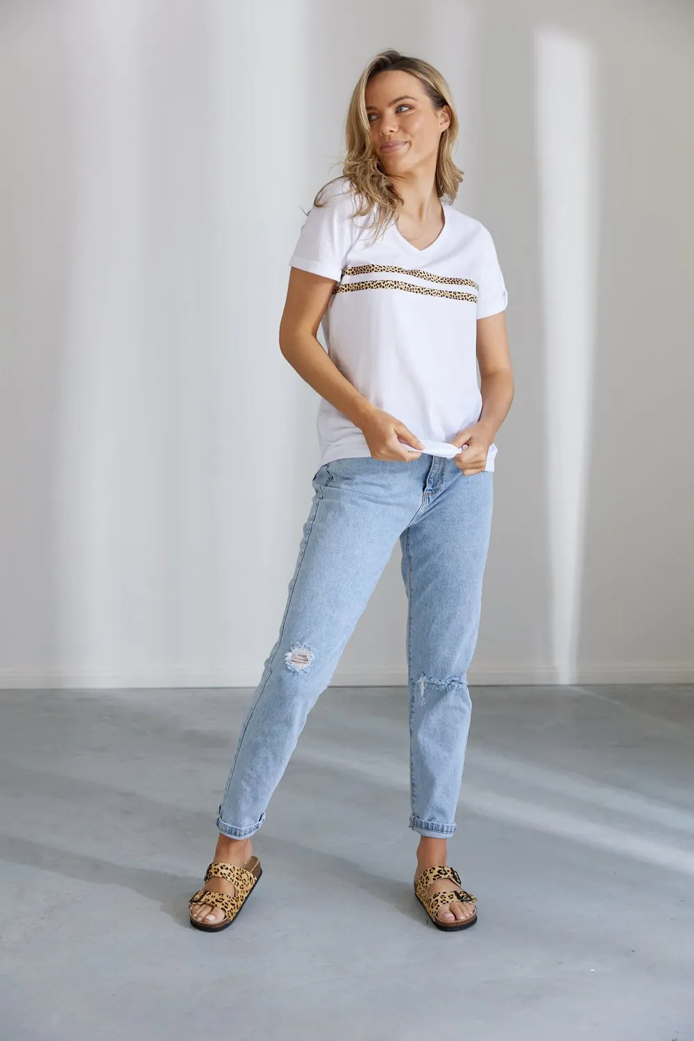 Novah V Neck Tee - White w Leopard Print Stripes