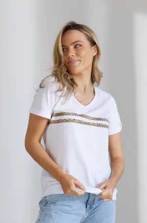 Novah V Neck Tee - White w Leopard Print Stripes