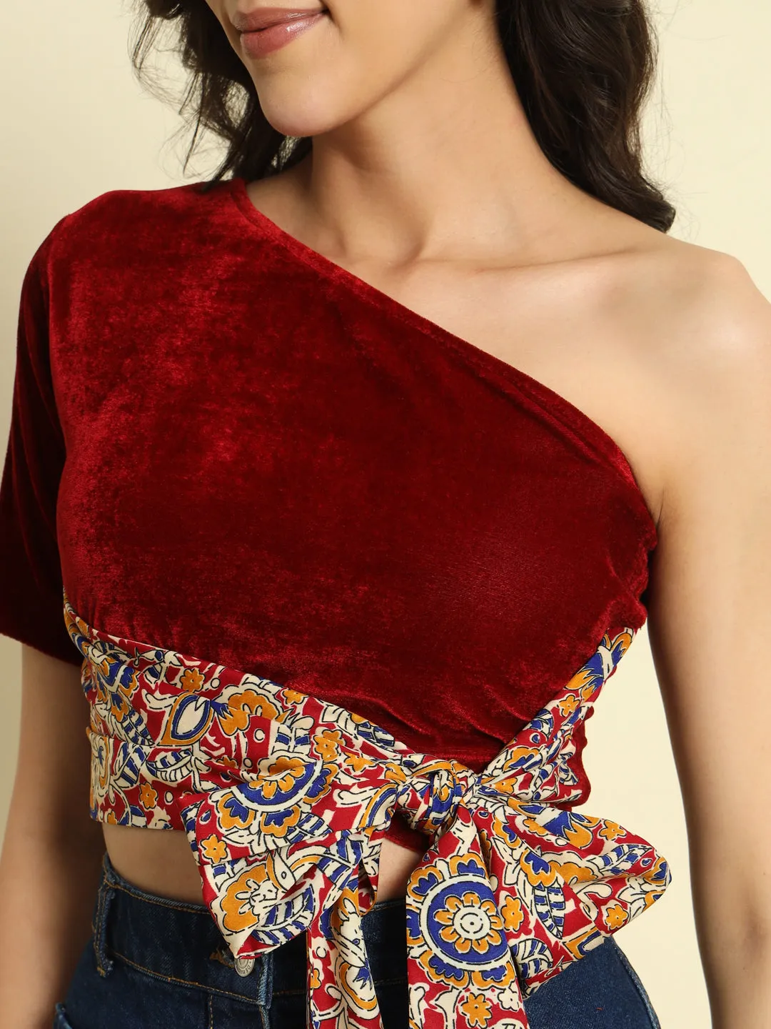 One shoulder Velvet Tie-Up Top