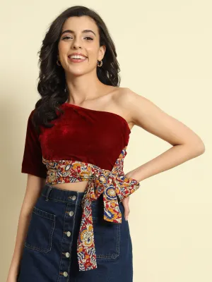 One shoulder Velvet Tie-Up Top