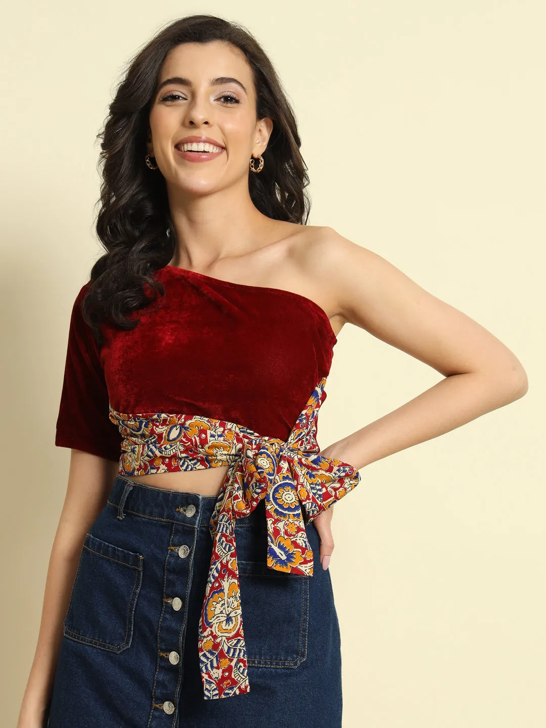 One shoulder Velvet Tie-Up Top