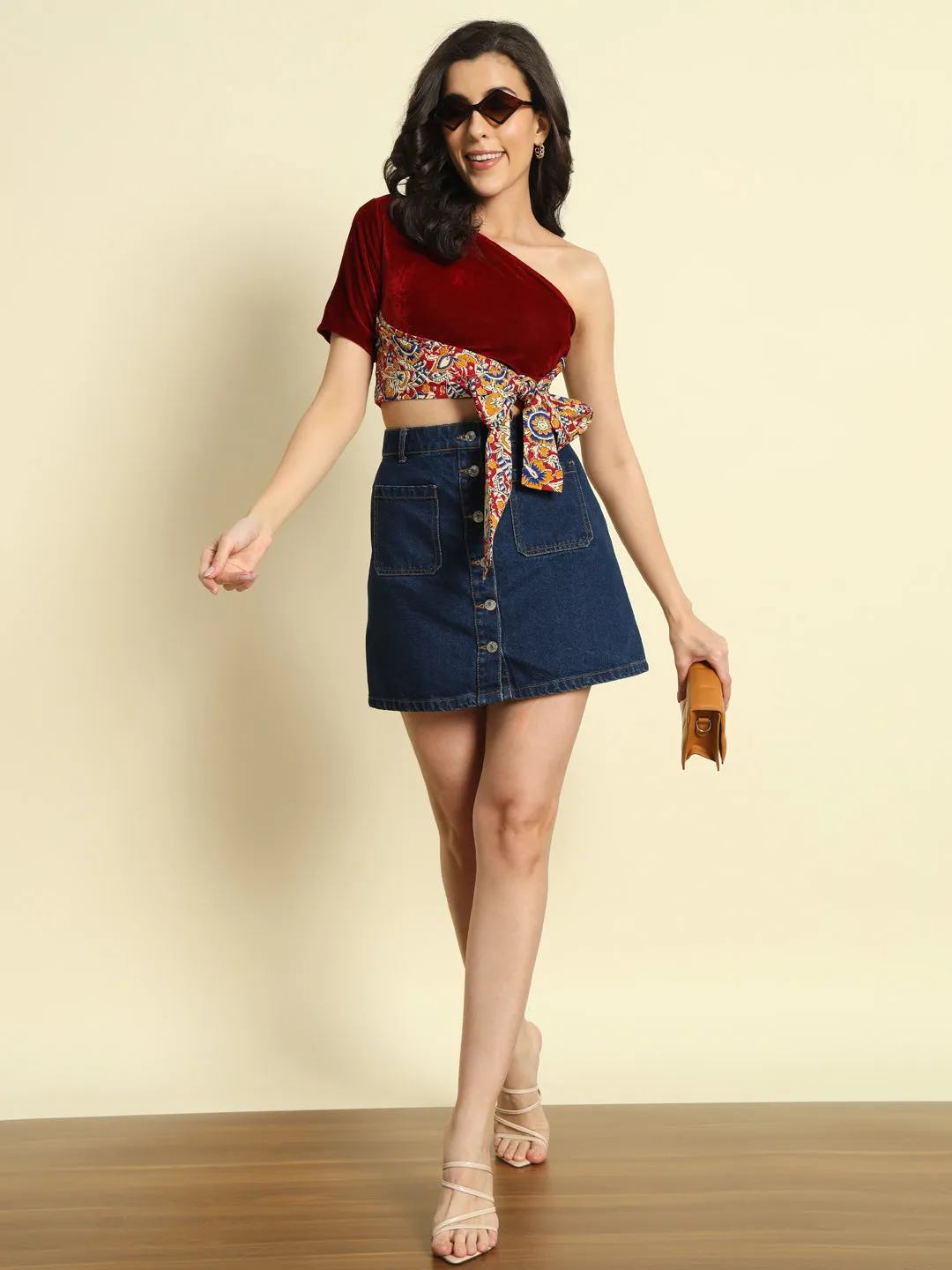 One shoulder Velvet Tie-Up Top