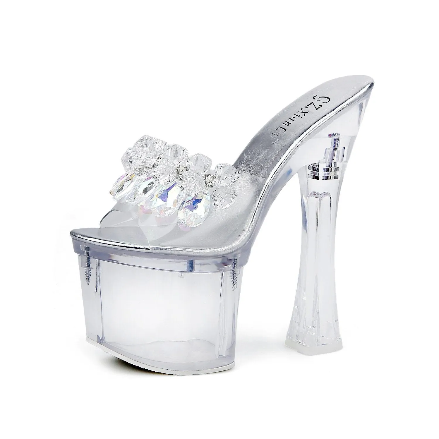 PU Pure Color Chunky Heel Peep Toe Platform Rhinestone High Heels