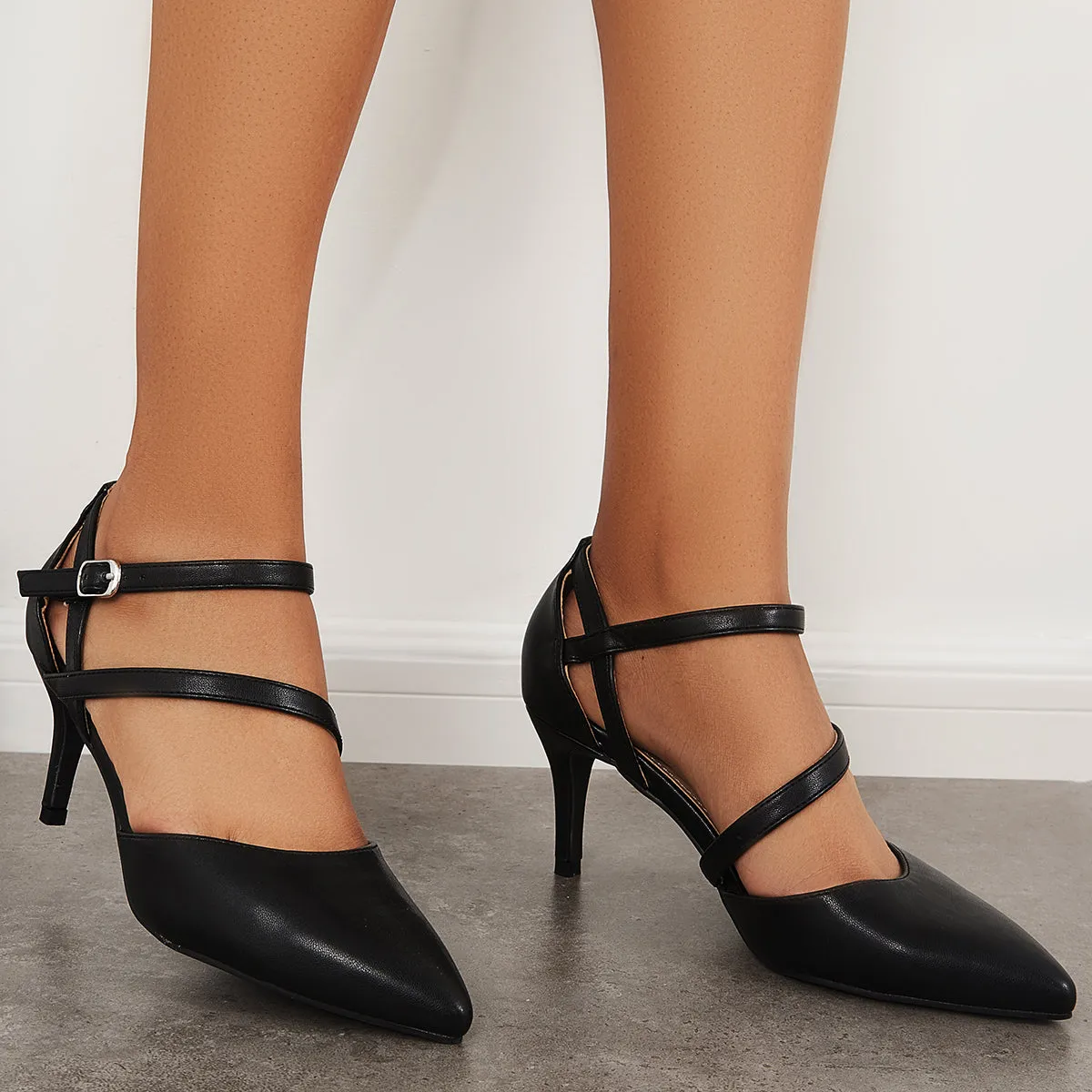 Sohiwoo woman formal Pointed Toe Ankle Strap Stiletto Pumps Mid Kitten Heel Party Shoes