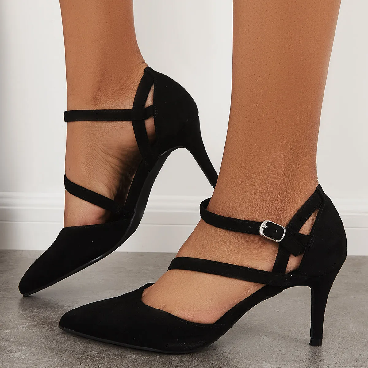 Sohiwoo woman formal Pointed Toe Ankle Strap Stiletto Pumps Mid Kitten Heel Party Shoes
