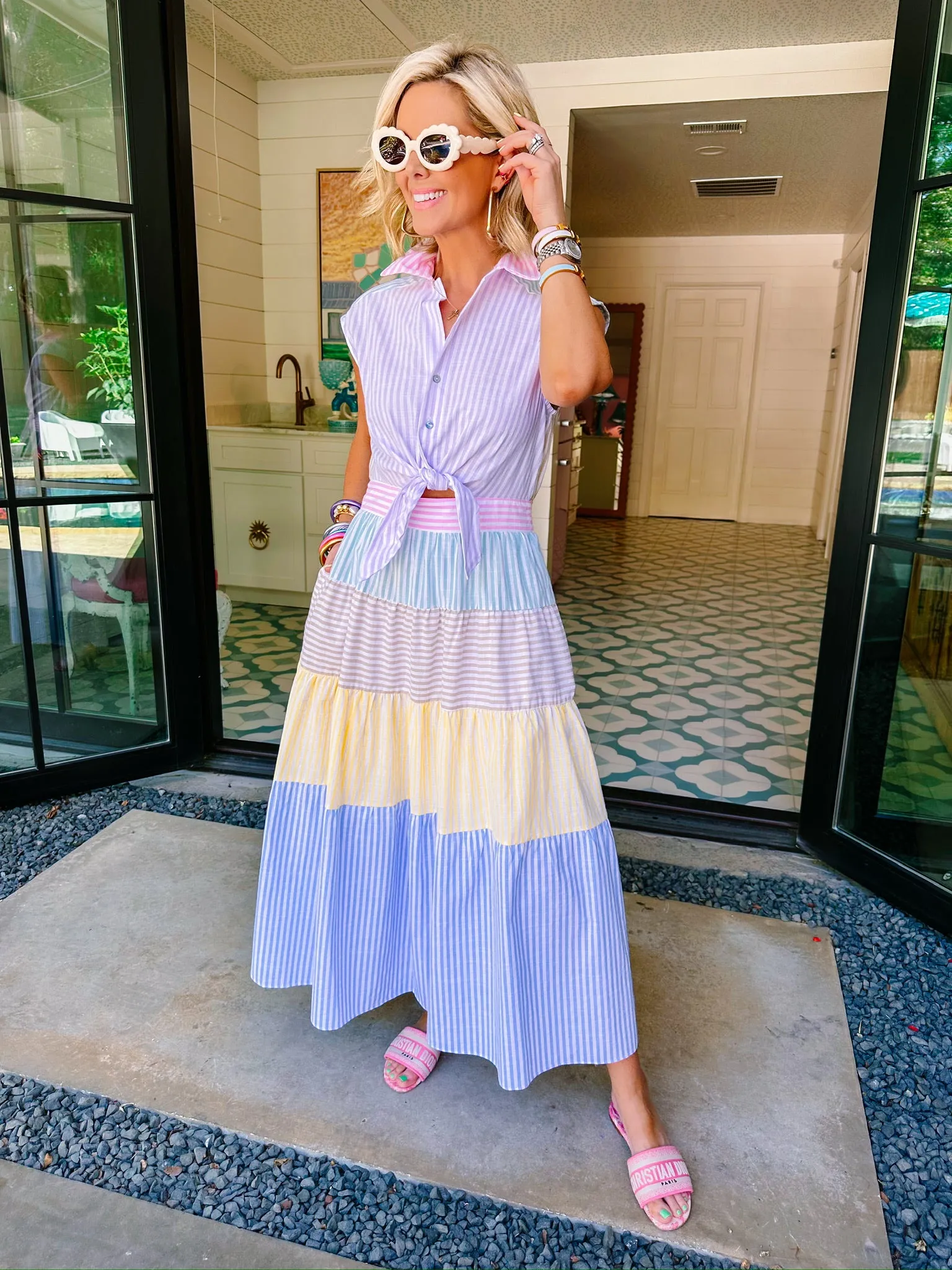 SOUNDS OF SPRING STRIPE COLORBLOCK MIDI DRESS