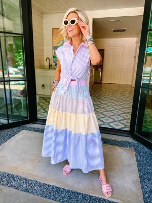 SOUNDS OF SPRING STRIPE COLORBLOCK MIDI DRESS