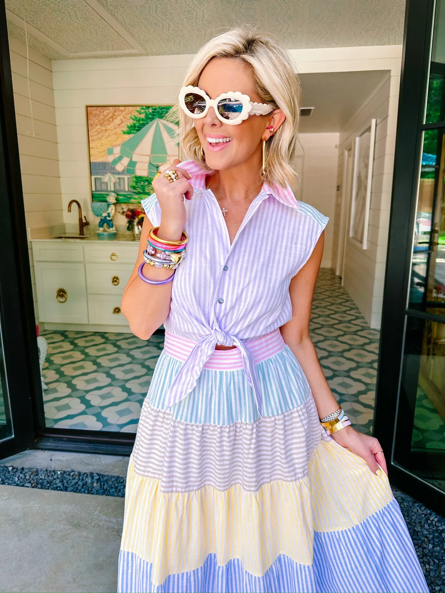 SOUNDS OF SPRING STRIPE COLORBLOCK MIDI DRESS